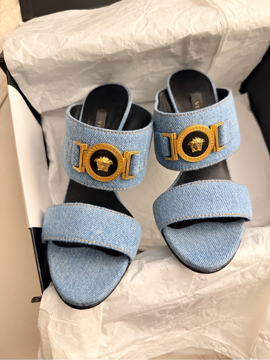 Versace Light Blue Denim Double-Band Slide Heels With Gold Medusa